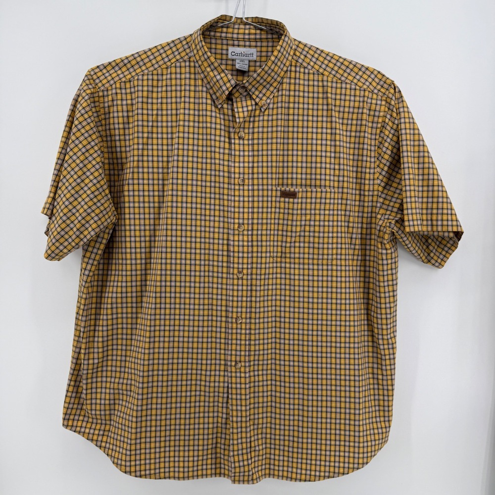 Carhartt Button Down Shirt Mens 2XL Yellow Plaid Cotton Short Sleeve Workwear
